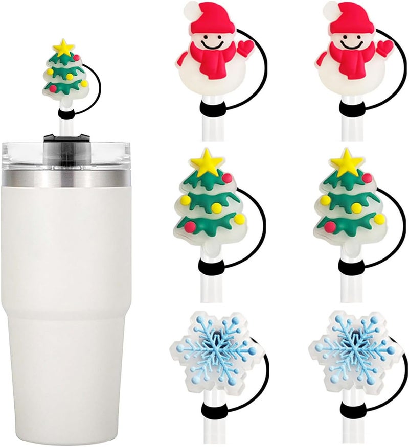 LYLYNB 6Pcs Christmas Straw Covers, Glow in The Dark Xmas Straw Toppers Snowman Snowflake Christmas Tree Straw Tips Lids Reusable Silicone Straw Cover Caps 10mm Christmas Topper Set for Stanley Decorations - Image 1